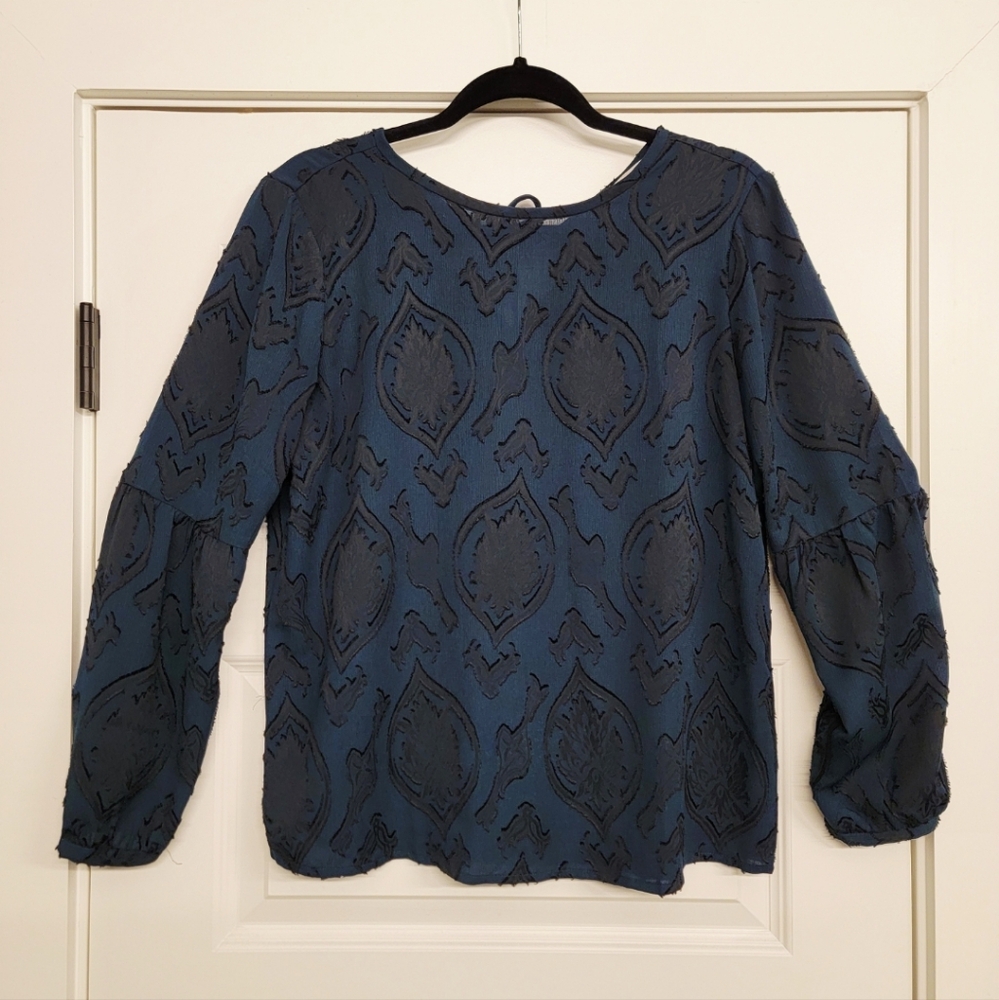 ANN TAYLOR LOFT Teal Blue Patterned Balloon Longsleeve Shirt Medium Petites